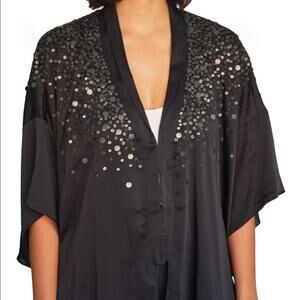 Elizabeth and James Sequins Silk Kimono Relaxed Open Front Jacket Black Women XS